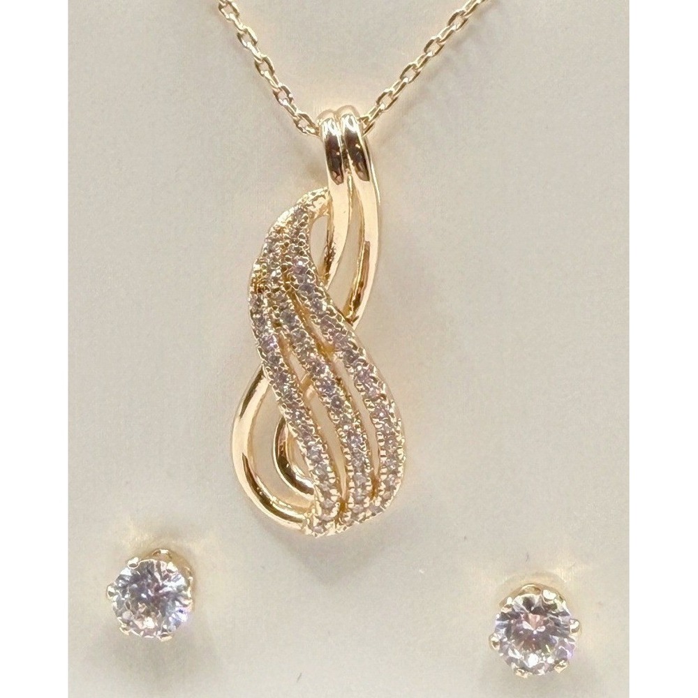Necklace & Crystal Stud Earrings‎ Set New Gold Tone Swirl Pendant Minimalist